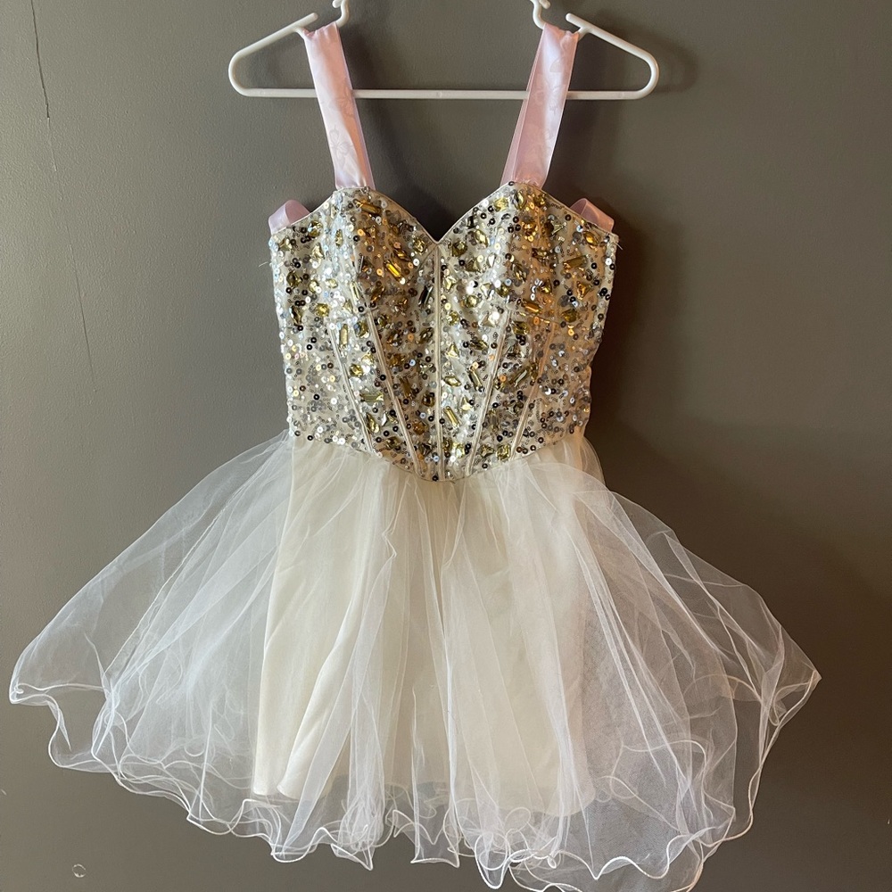 Jeweled bodice dress with chiffon skirt.  Size 5/6 from the Deb Shop.